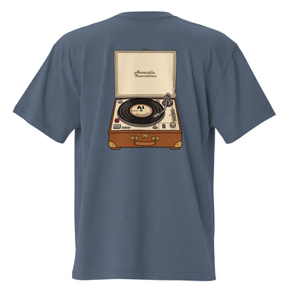 Play It Again oversized faded tee in indigo, back view