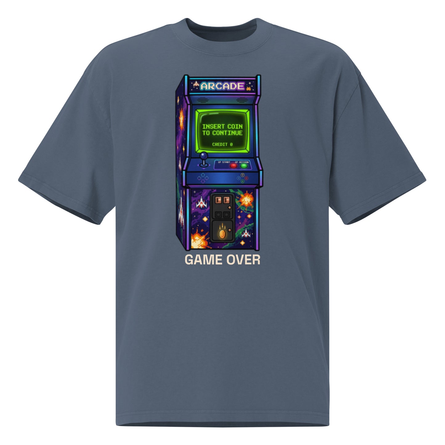 Arcade Mode oversized faded tee in indigo, front view