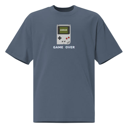 Game Over oversized faded tee in indigo, front view with retro handheld console graphic