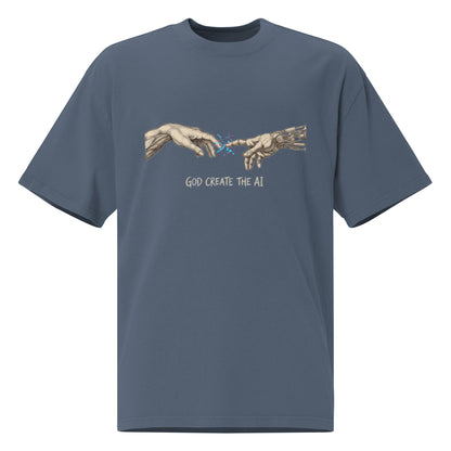 God Create The AI oversized faded tee in indigo, front view