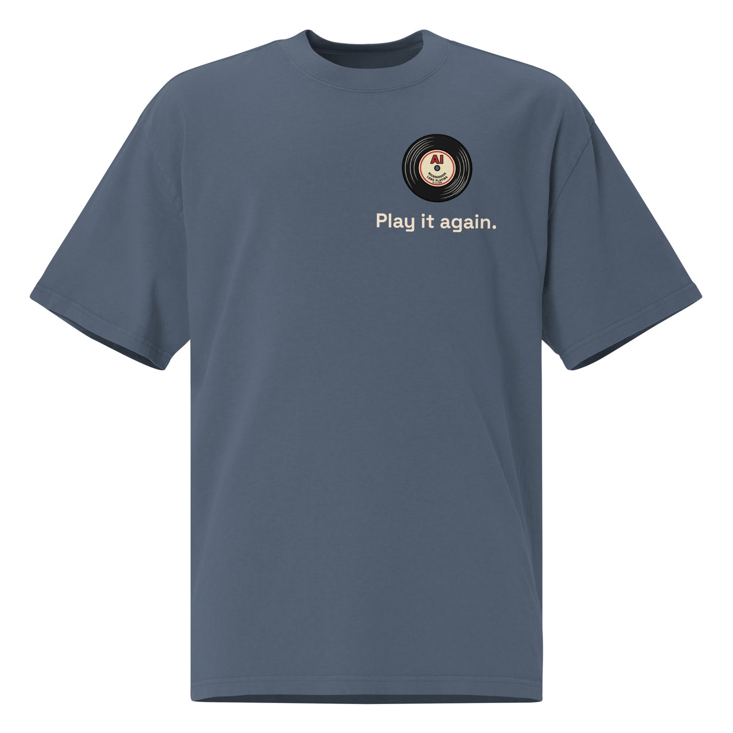 Play It Again oversized faded tee in indigo, front view