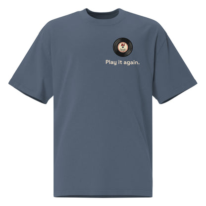 Play It Again oversized faded tee in indigo, front view