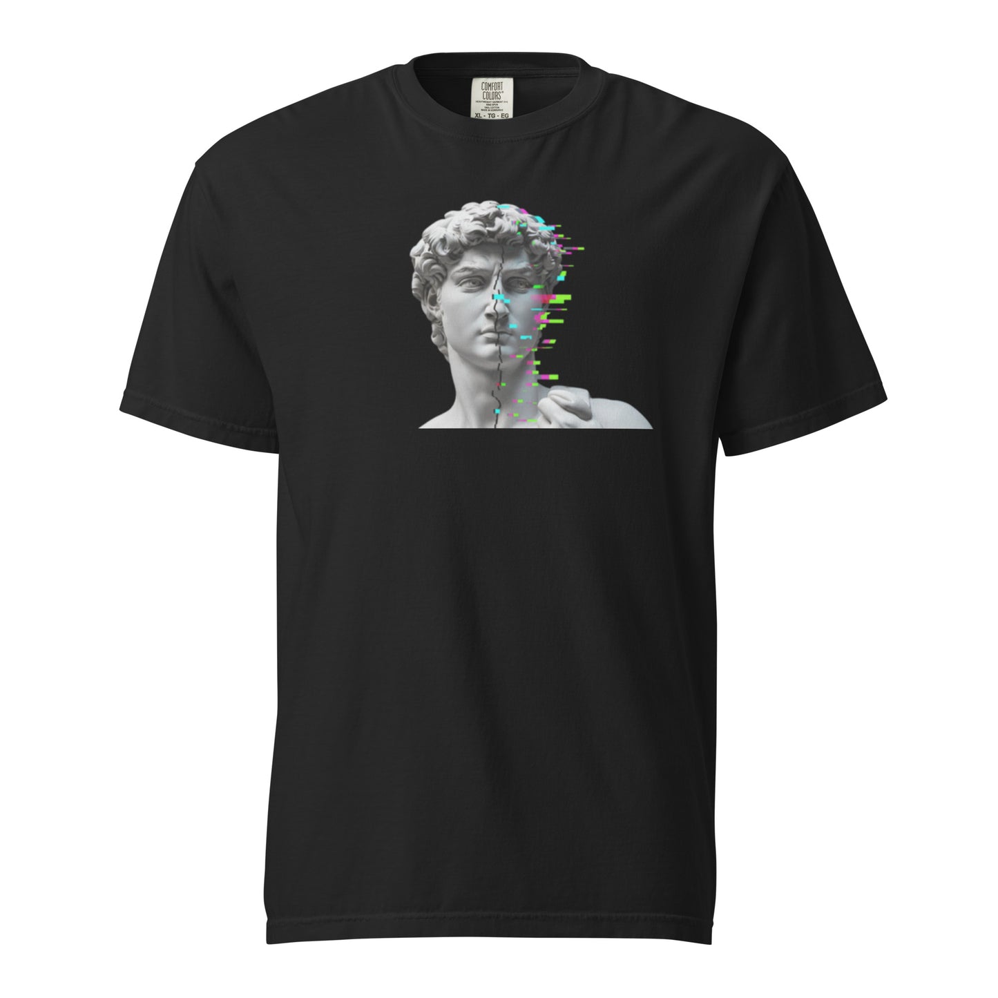 Art heavyweight garment-dyed tee in black, front view with minimal graphic print