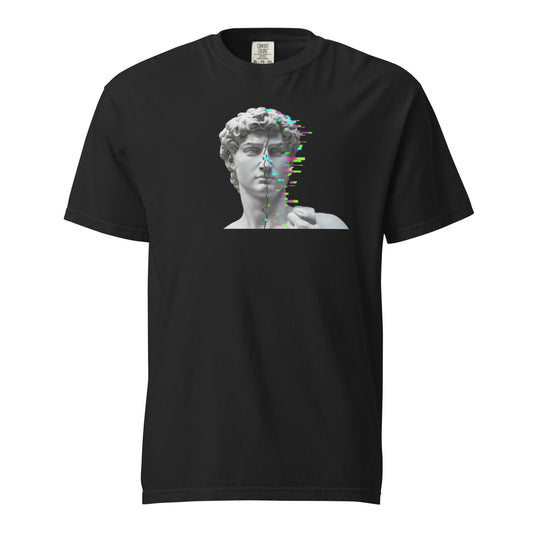 Art heavyweight garment-dyed tee in black, front view with minimal graphic print