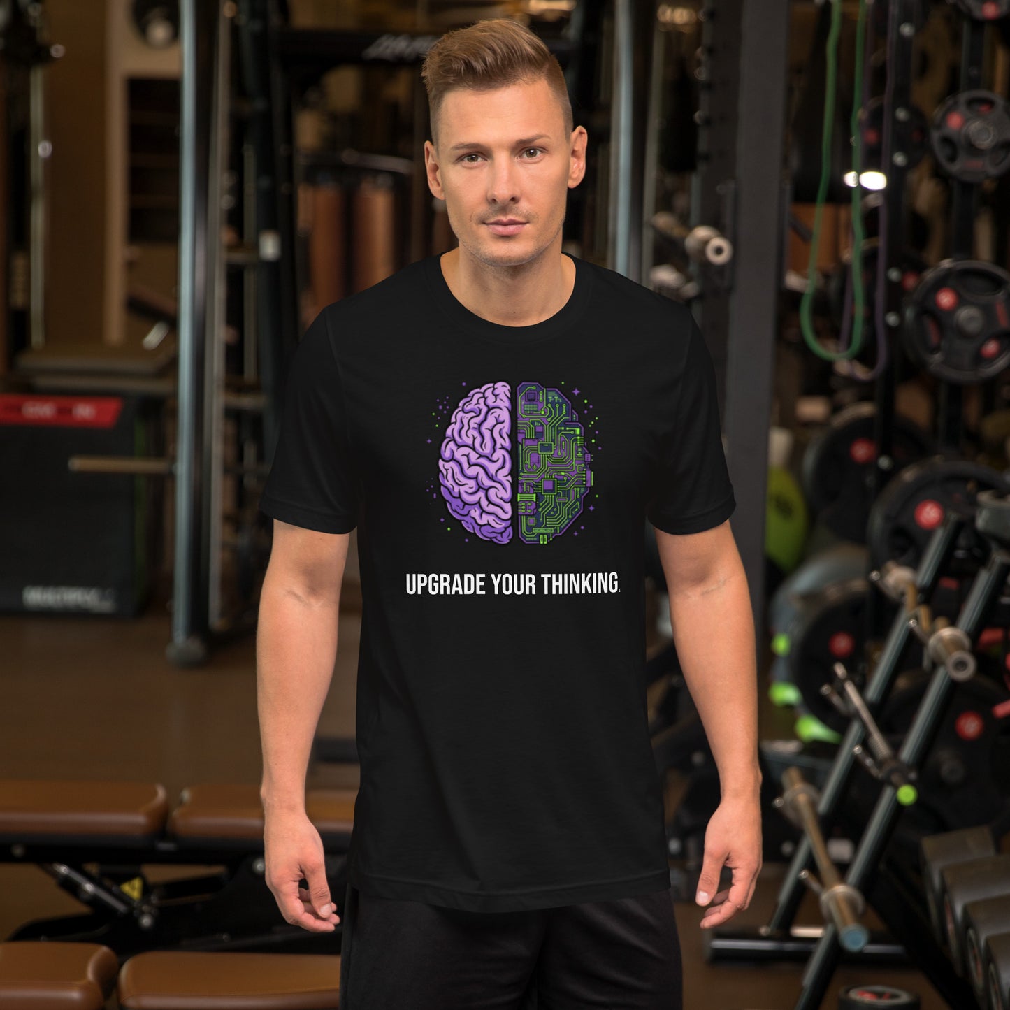Upgrade Your Thinking tee in black, front view