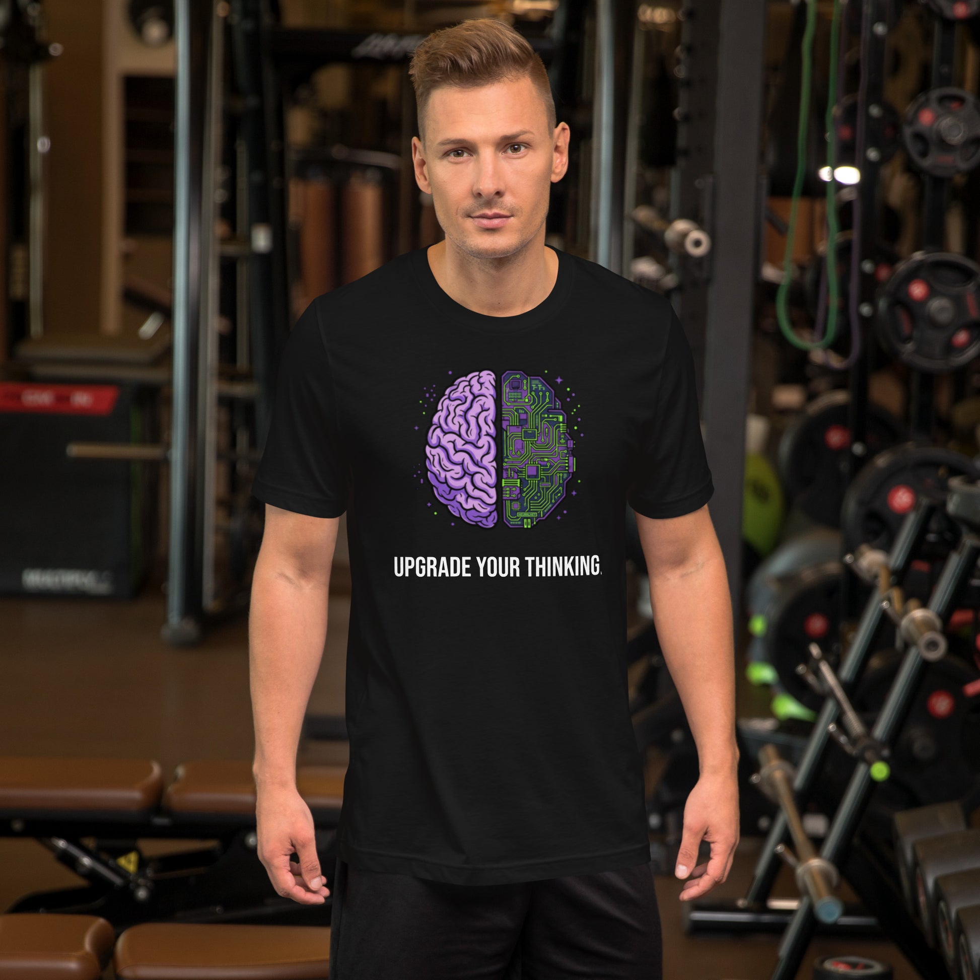 Upgrade Your Thinking tee in black, front view