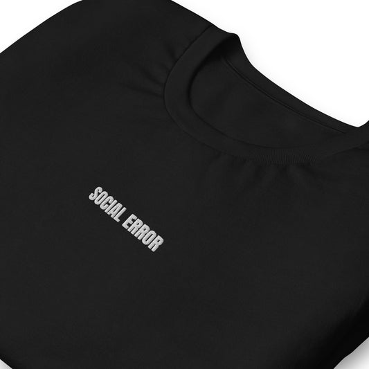 SOCIALERROR logo tee in black, close-up on fabric and print detail