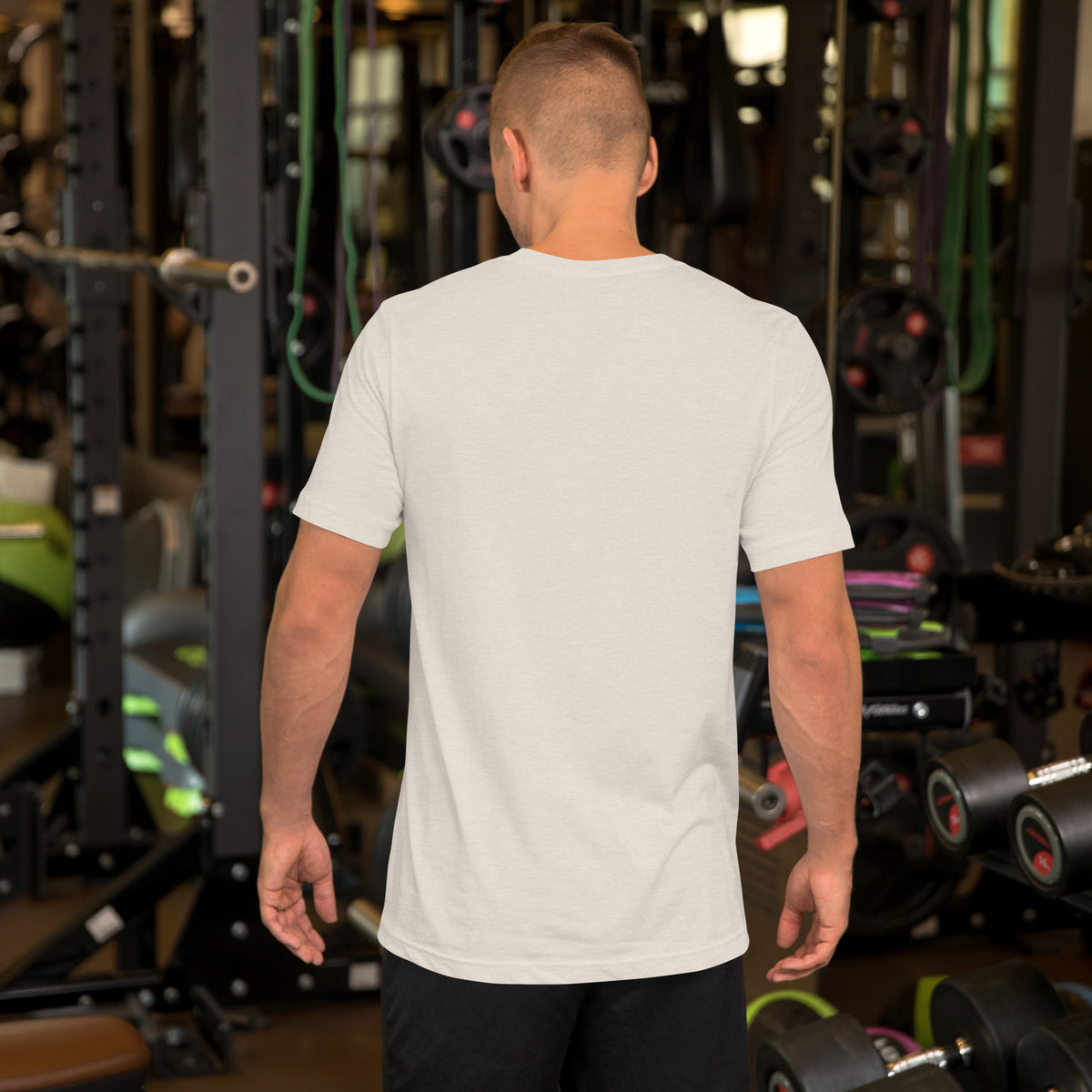 Upgrade Your Thinking tee in heather dust, back view