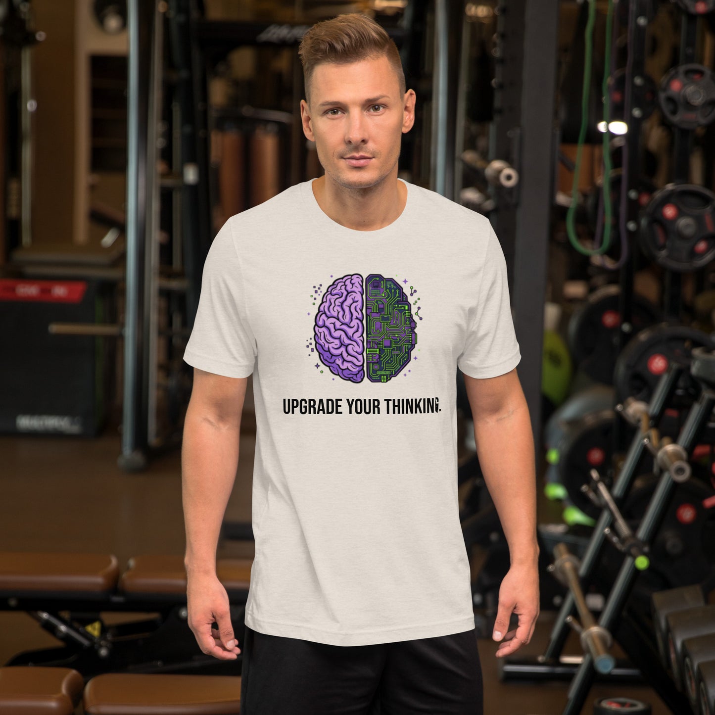 Upgrade Your Thinking tee in heather dust, front view with split brain circuit graphic