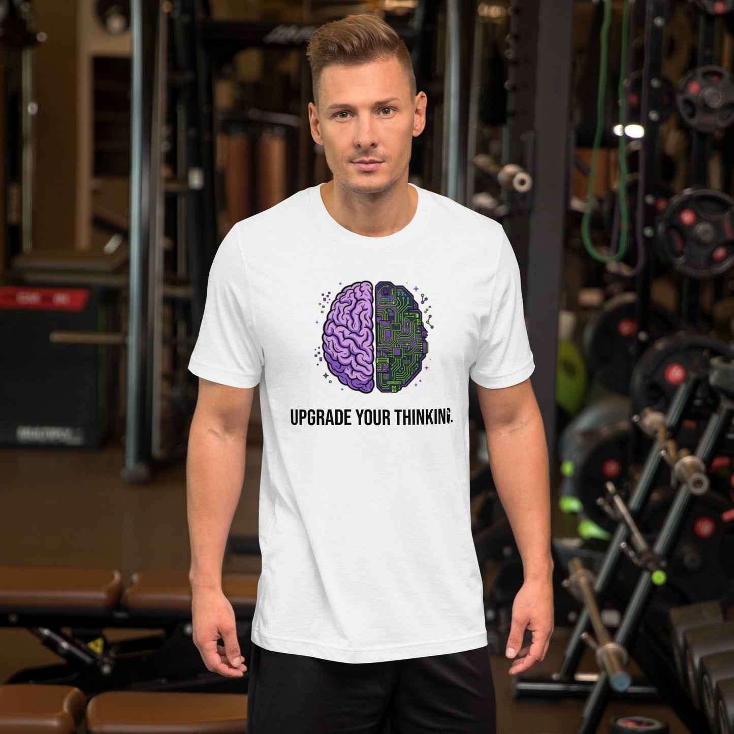 Upgrade Your Thinking tee in white, front view