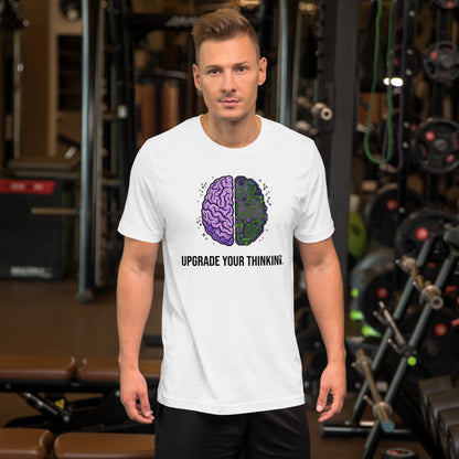 Upgrade Your Thinking tee in white, front view