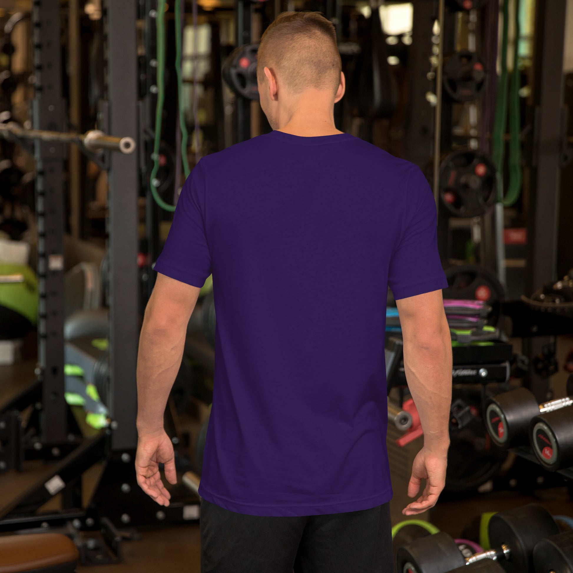 Upgrade Your Thinking tee in team purple, back view