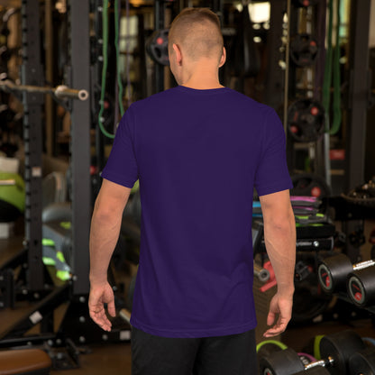 Upgrade Your Thinking tee in team purple, back view