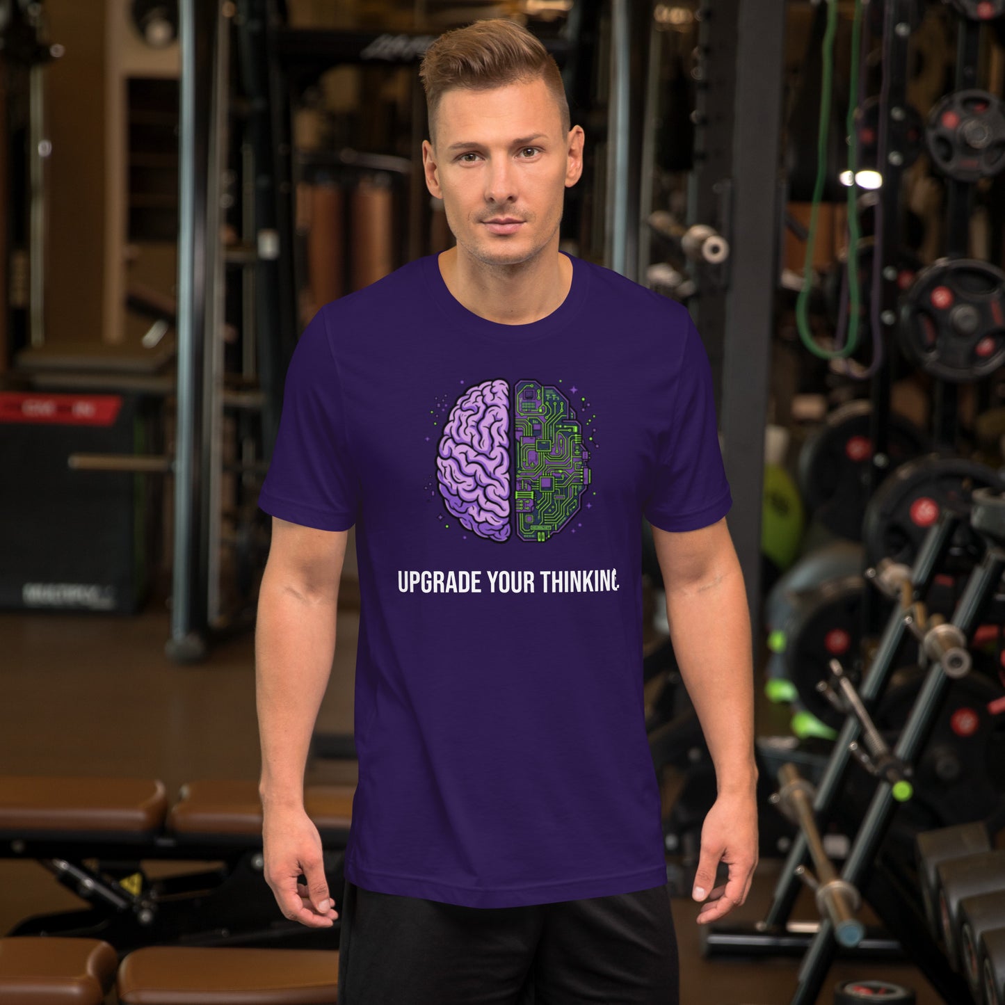 Upgrade Your Thinking tee in team purple, front view