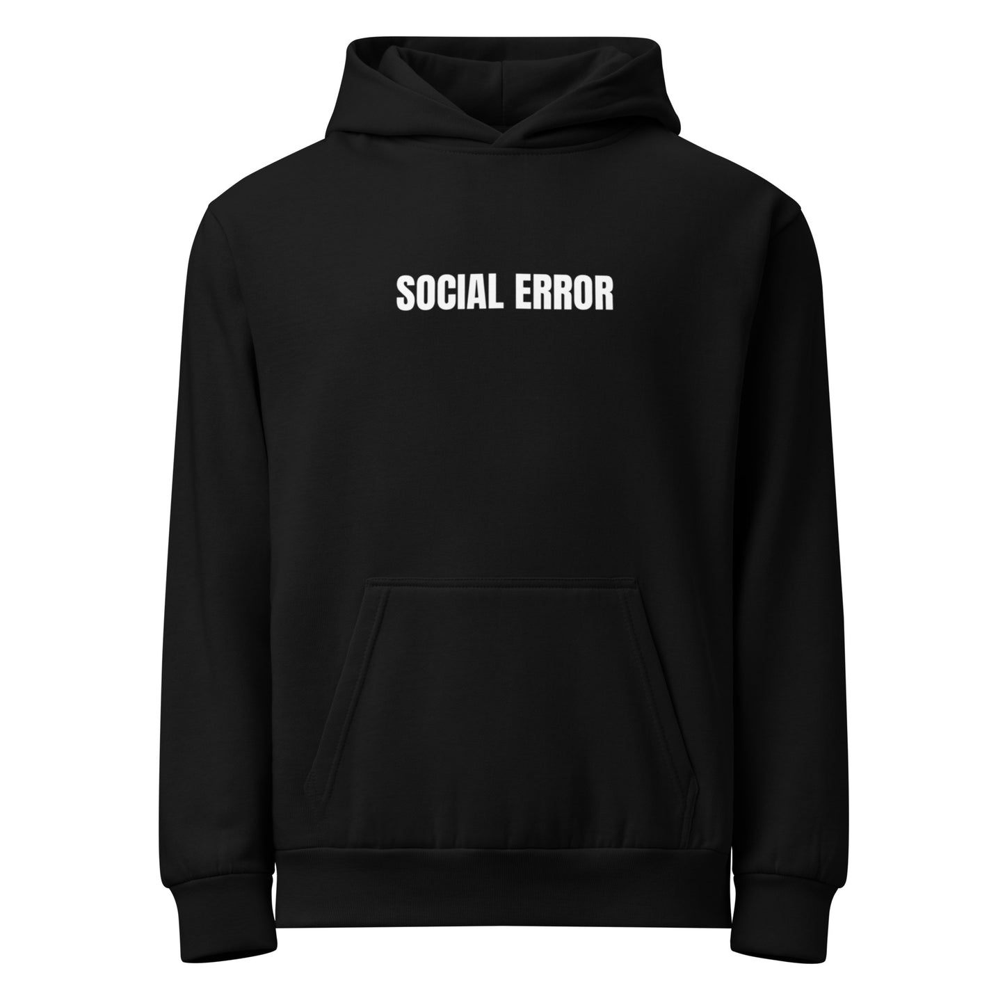 Social Error heavyweight hoodie in black, front view with embroidered logo