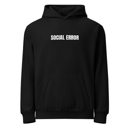 Social Error heavyweight hoodie in black, front view with embroidered logo