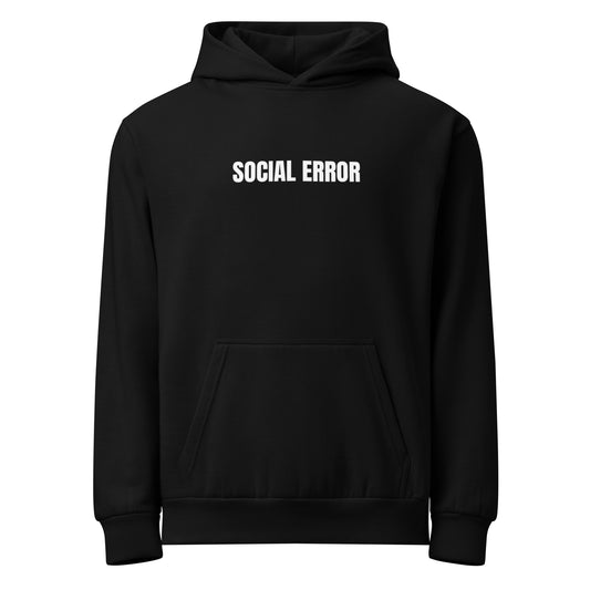 Social Error heavyweight hoodie in black, front view with embroidered logo